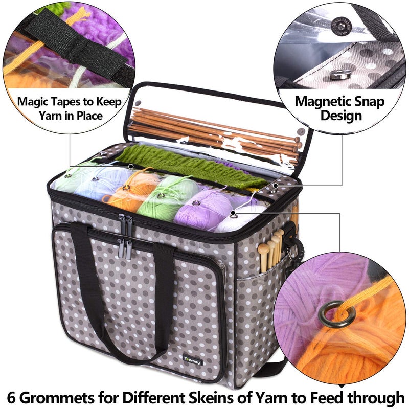 Teamoy Yarn Storage, Crochet Bag Organizer with Yarn Holes, Knitting Bag for Hooks, Knitting Needles(Up to 14"), Project and Supplies, Gray Dots - Image 2